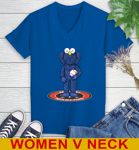 MLB Baseball Miami Marlins Kaws Bff Blue Figure Shirt Women's V-Neck T-Shirt 11