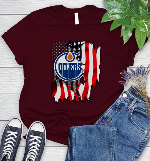 Edmonton Oilers NHL Hockey American Flag Women's T-Shirt 7