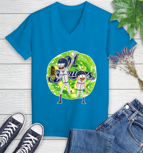 MLB Milwaukee Brewers Rick And Morty Commissioner's Trophy Baseball Sports Women's V-Neck T-Shirt 7