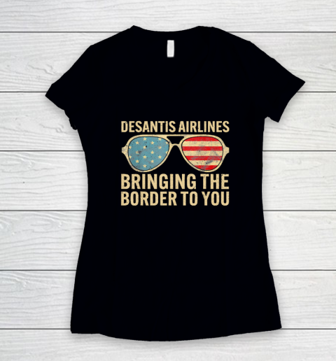 Desantis Airlines Bringing The Border To You Retro USA Flag Women's V-Neck T-Shirt