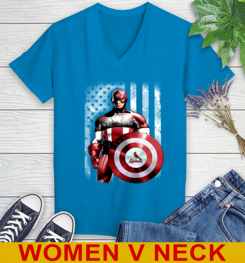 St.Louis Cardinals MLB Baseball Captain America Marvel Avengers American Flag Shirt Women's V-Neck T-Shirt 7