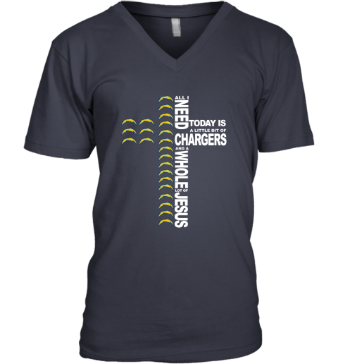 NFL All I Need Today Is A Little Bit Of Los Angeles Chargers And A Whole Lot Of Jesus Football qnMLEGX1oYz v neck unisex 8 95 151514 front navy