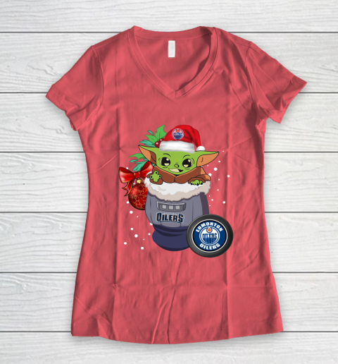 Edmonton Oilers Christmas Baby Yoda Star Wars Funny Happy NHL Women's V-Neck T-Shirt 6