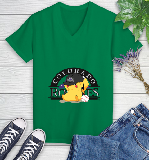 MLB Pikachu Baseball Sports Colorado Rockies Women's V-Neck T-Shirt 5