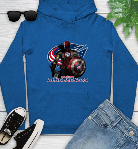 NHL Captain America Thor Spider Man Hawkeye Avengers Endgame Hockey Columbus Blue Jackets Youth Hoodie 9