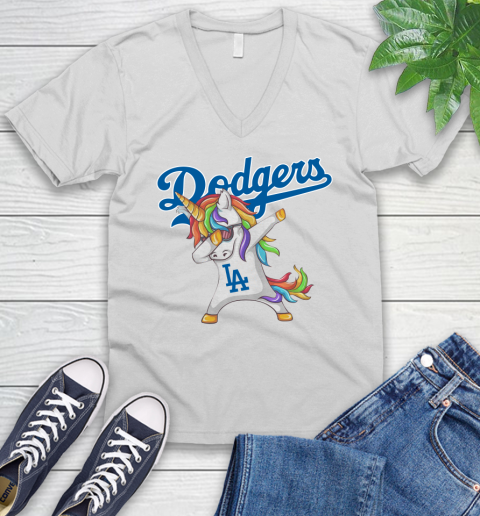 Los Angeles Dodgers MLB Baseball Funny Unicorn Dabbing Sports V-Neck T-Shirt