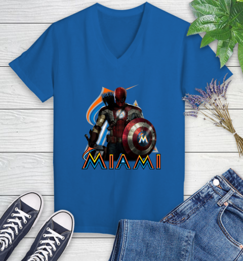 MLB Captain America Thor Spider Man Hawkeye Avengers Endgame Baseball Miami Marlins Women's V-Neck T-Shirt 10