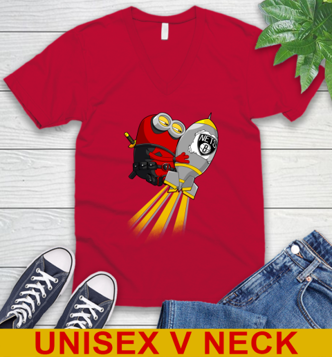 NBA Basketball Brooklyn Nets Deadpool Minion Marvel Shirt V-Neck T-Shirt 6