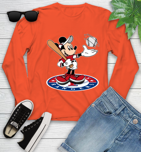 MLB Baseball Texas Rangers Cheerful Mickey Disney Shirt Youth Long Sleeve 4