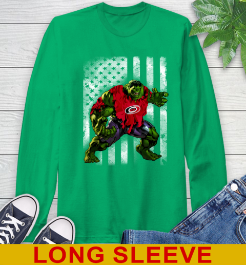 Carolina Hurricanes Hulk Marvel Avengers NHL Hockey American Flag Long Sleeve T-Shirt 8
