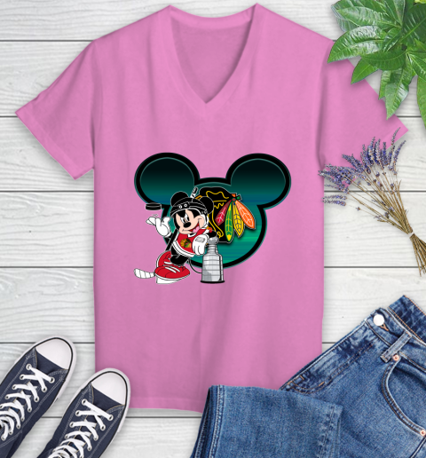 NHL Chicago Blackhawks Stanley Cup Mickey Mouse Disney Hockey T Shirt Women's V-Neck T-Shirt 14
