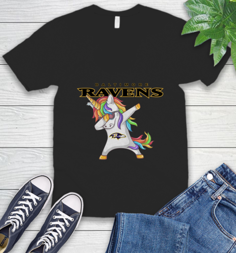 Baltimore Ravens NFL Football Funny Unicorn Dabbing Sports V-Neck T-Shirt 2