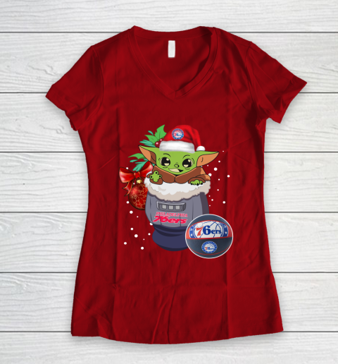 Philadelphia 76ers Christmas Baby Yoda Star Wars Funny Happy NBA Women's V-Neck T-Shirt 10