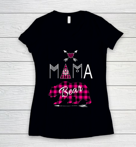 Mama Bear Shirt Buffalo Plaid Pink Family Christmas Camping Women's V-Neck T-Shirt