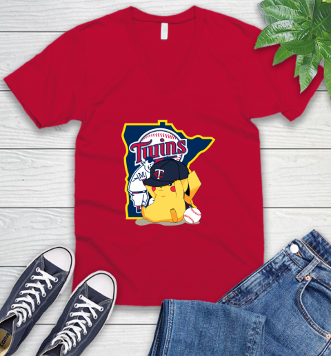 MLB Pikachu Baseball Sports Minnesota Twins V-Neck T-Shirt 7