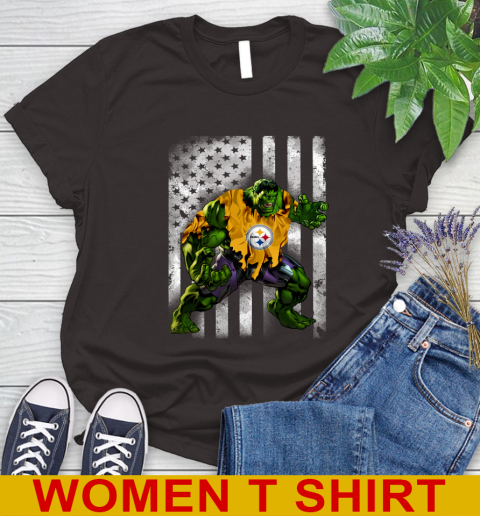 Pittsburgh Steelers Hulk Marvel Avengers NFL Football American Flag Women's T-Shirt 9