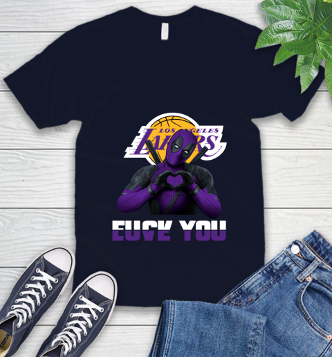 NBA Los Angeles Lakers Deadpool Love You Fuck You Basketball V-Neck T-Shirt 2