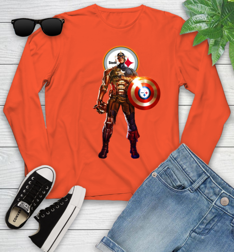 NFL Captain America Marvel Avengers Endgame Football Sports Pittsburgh Steelers Youth Long Sleeve 4