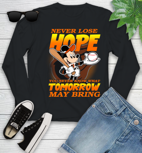 Baltimore Orioles MLB Baseball Mickey Disney Never Lose Hope Youth Long Sleeve
