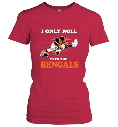 NFL Mickey Mouse I Only Roll With Cincinnati Bengals 1uzl nfl mickey mouse i only roll with cincinnati benga ladies t shirt 20 front red