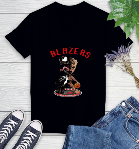NBA Portland Trail Blazers Basketball Venom Groot Guardians Of The Galaxy Women's V-Neck T-Shirt 2