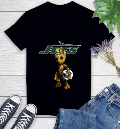 New York Jets NFL Football Groot Marvel Guardians Of The Galaxy Women's V-Neck T-Shirt 2