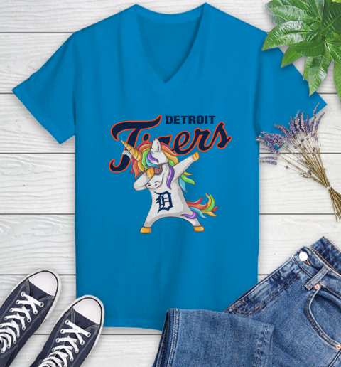 Detroit Tigers MLB Baseball Funny Unicorn Dabbing Sports Women's V-Neck T-Shirt 7