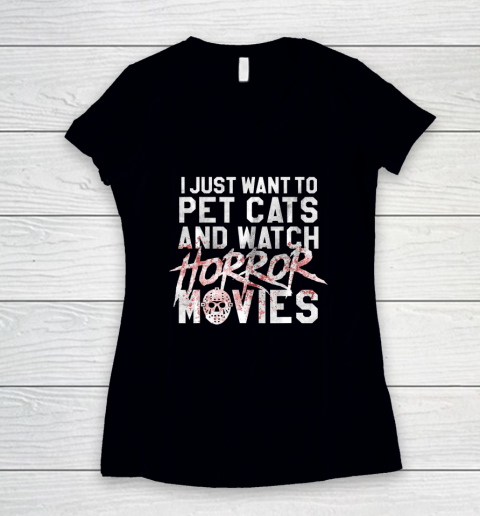 Funny Horror Movie Fan  Halloween Cat Lover Gift T Shirt.MLSXT9UECM Women's V-Neck T-Shirt