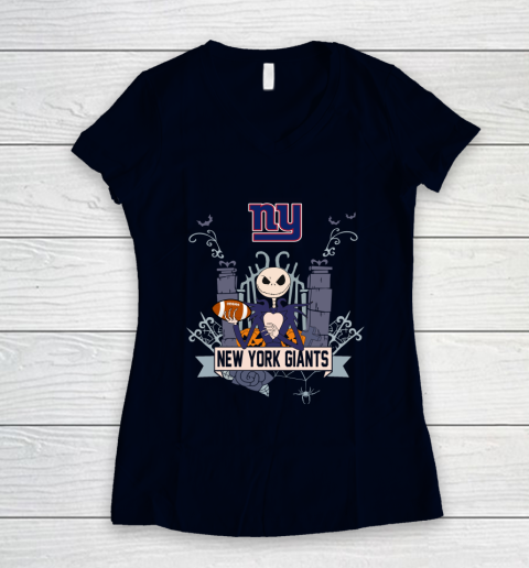 NFL New York Giants Football Jack Skellington Halloween Women's V-Neck T-Shirt 2