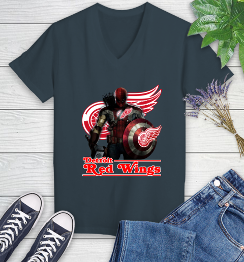NHL Captain America Thor Spider Man Hawkeye Avengers Endgame Hockey Detroit Red Wings Women's V-Neck T-Shirt 8