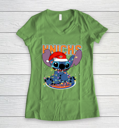 New York Knicks NBA noel stitch Basketball Christmas Women's V-Neck T-Shirt 5