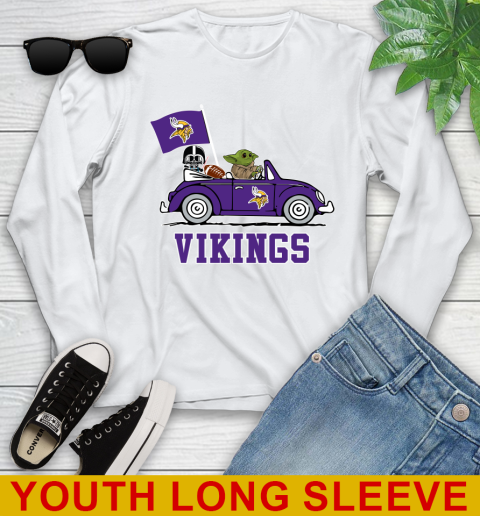 NFL Football Minnesota Vikings Darth Vader Baby Yoda Driving Star Wars Shirt Youth Long Sleeve