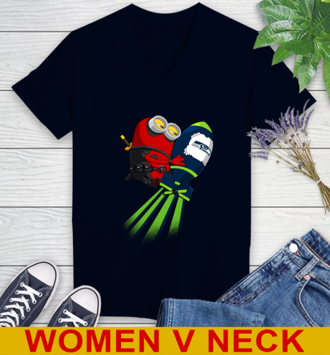 NFL Football Seattle Seahawks Deadpool Minion Marvel Shirt Women's V-Neck T-Shirt 2