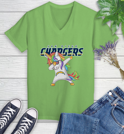 Los Angeles Chargers NFL Football Funny Unicorn Dabbing Sports Women's V-Neck T-Shirt 11
