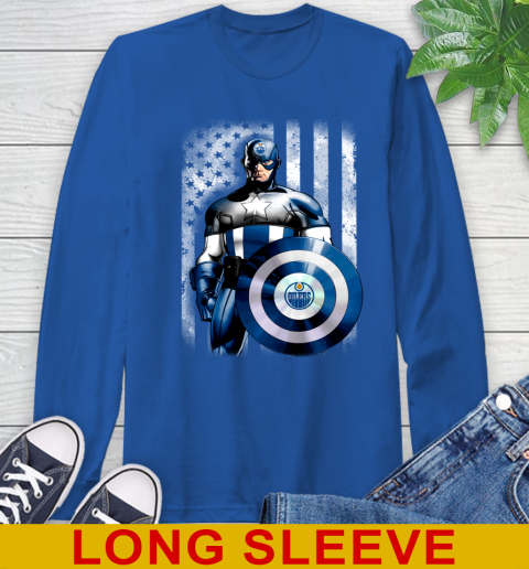 Edmonton Oilers NHL Hockey Captain America Marvel Avengers American Flag Shirt Long Sleeve T-Shirt 11