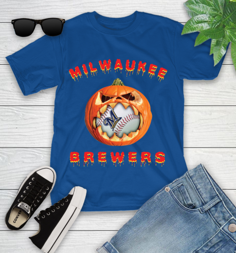 MLB Milwaukee Brewers Halloween Pumpkin Baseball Sports Youth T-Shirt 9