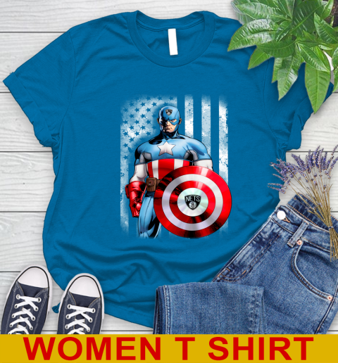 Brooklyn Nets NBA Basketball Captain America Marvel Avengers American Flag Shirt Women's T-Shirt 8