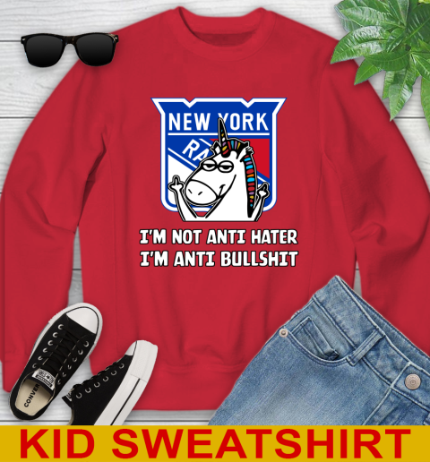 New York Rangers NHL Hockey Unicorn I'm Not Anti Hater I'm Anti Bullshit Youth Sweatshirt 8