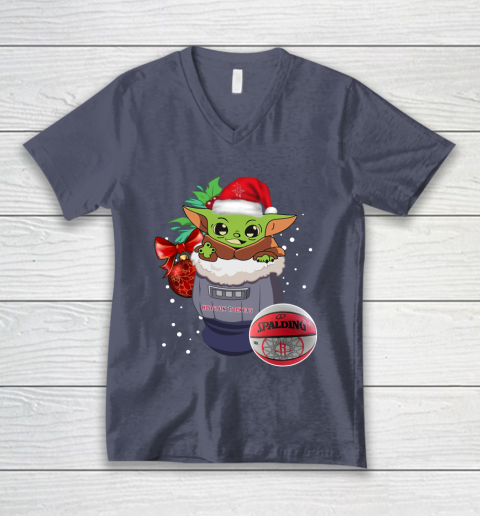 Houston Rockets Christmas Baby Yoda Star Wars Funny Happy NBA V-Neck T-Shirt 8