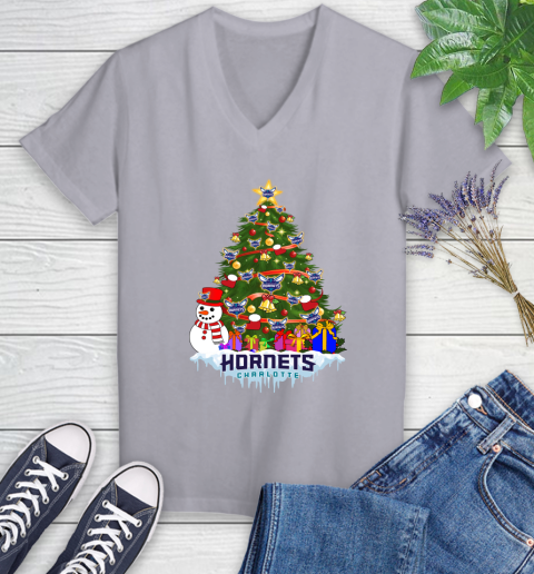 Charlotte Hornets Merry Christmas NBA Basketball Sports Women's V-Neck T-Shirt 4