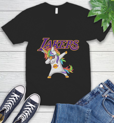 Los Angeles Lakers NBA Basketball Funny Unicorn Dabbing Sports V-Neck T-Shirt 2