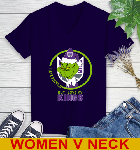 Sacramento Kings NBA Christmas Grinch I Hate People But I Love My Favorite Basketball Team Women's V-Neck T-Shirt 4