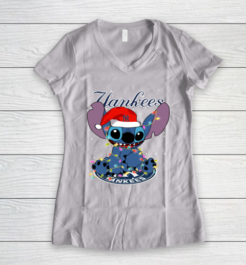 New York Yankees MLB noel stitch Baseball Christmas Women's V-Neck T-Shirt