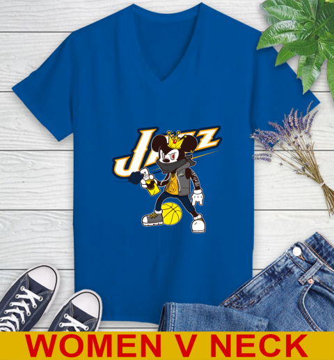 Utah Jazz NBA Basketball Mickey Peace Sign Sports Women's V-Neck T-Shirt 11