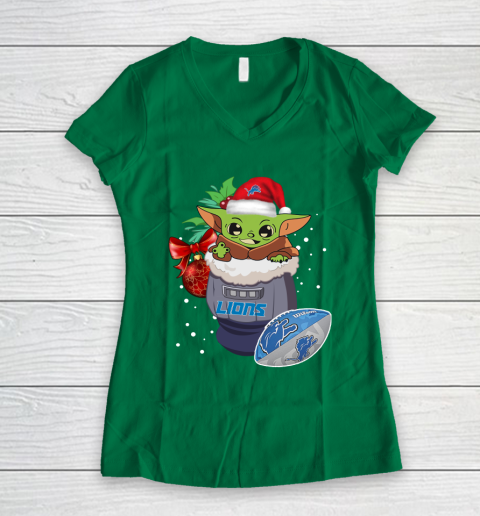 Detroit Lions Christmas Baby Yoda Star Wars Funny Happy NFL Women's V-Neck T-Shirt 5