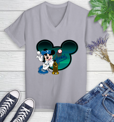 MLB Los Angeles Dodgers The Commissioner's Trophy Mickey Mouse Disney Women's V-Neck T-Shirt 4