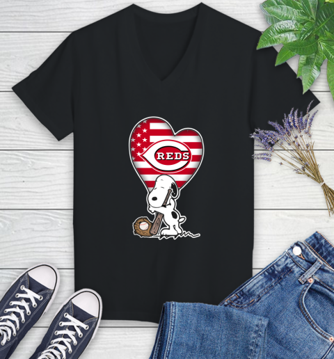 Cincinnati Reds MLB Baseball The Peanuts Movie Adorable Snoopy Women's V-Neck T-Shirt 2
