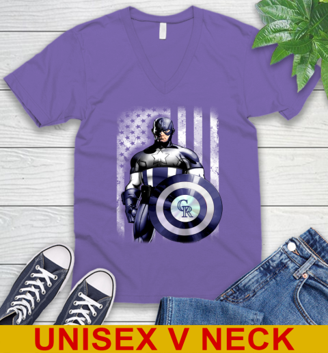 Colorado Rockies MLB Baseball Captain America Marvel Avengers American Flag Shirt V-Neck T-Shirt 8
