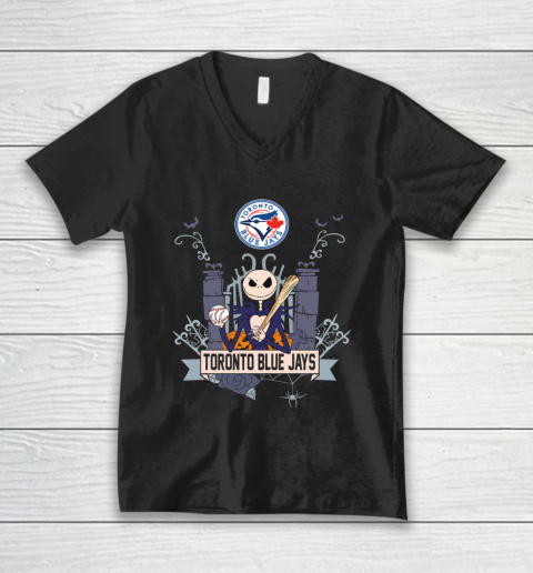 MLB Toronto Blue Jays Baseball Jack Skellington Halloween V-Neck T-Shirt