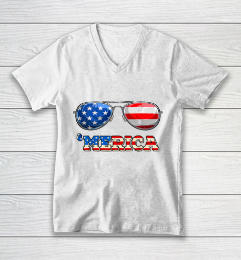 Merica Sunglasses 4th Of July Funny Patriotic American Flag V-Neck T-Shirt